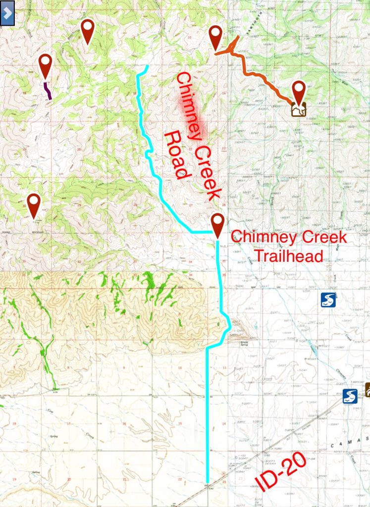 My GPS track from ID-20 to the Sawtooth National Forest boundary. My route covered 8.9 miles.