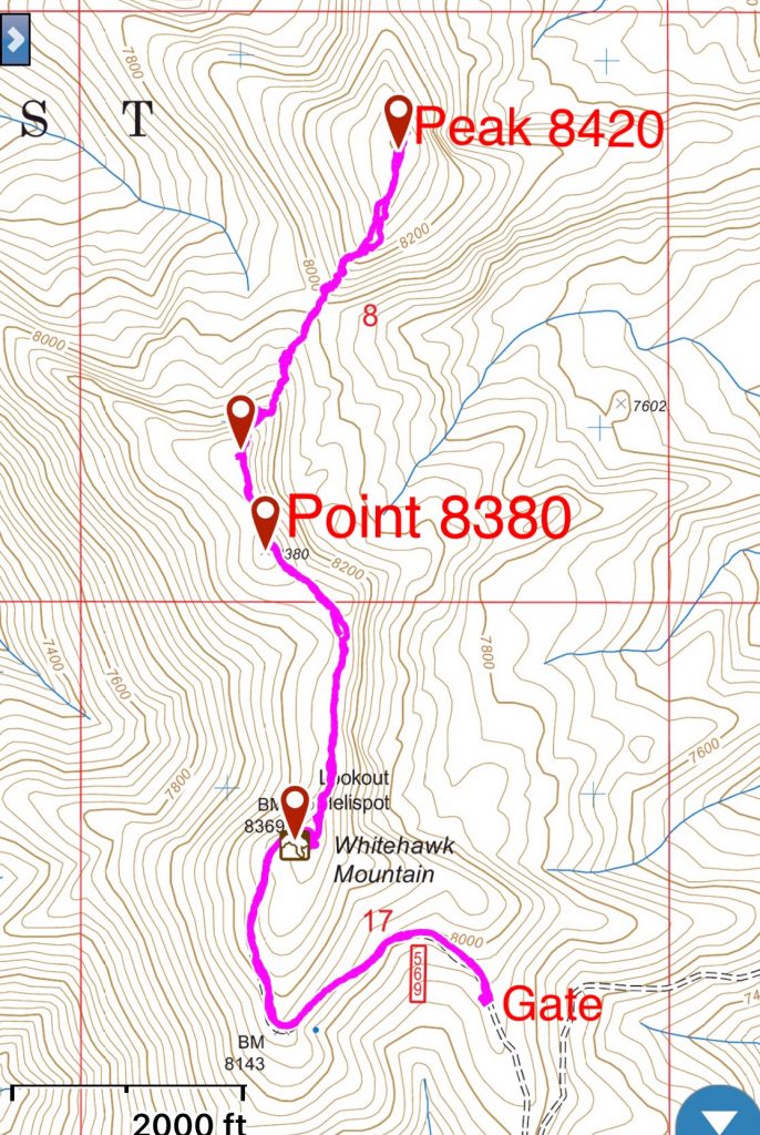 My GPS track. It is 0.9 miles with 460 feet of gain from the gate to the lookout and another 0.6 miles to the high point. Round trip from the gate to Peak 8420 clocked in at 4.8 miles with 1,300 feet of gain.