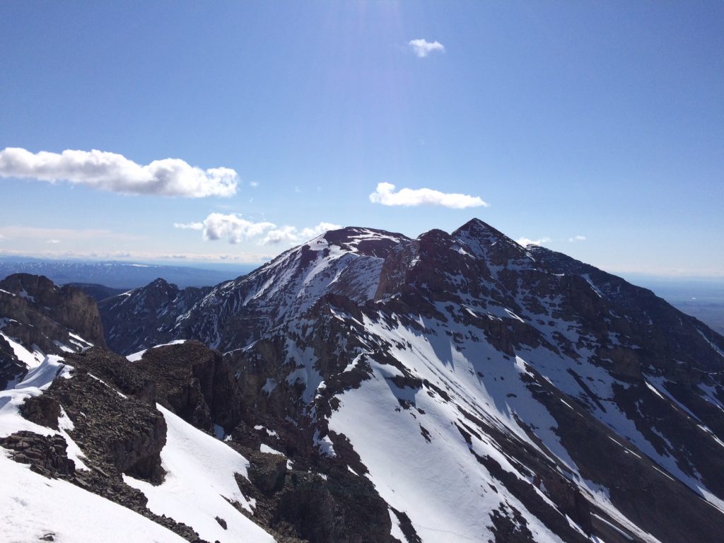 The route is seen in profile from Italian Pk. It appears as a very thin white line in its top section due to the angle of the shot. Neil Gleichman Photo