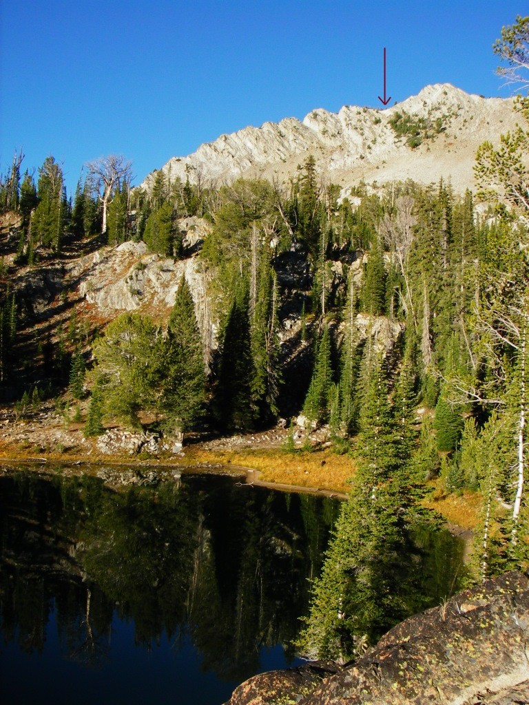 Peak 9,997 from Lake 9,078. The arrow points to the col in the SE ridge. Judi Steciak and Carl Hamke Photo