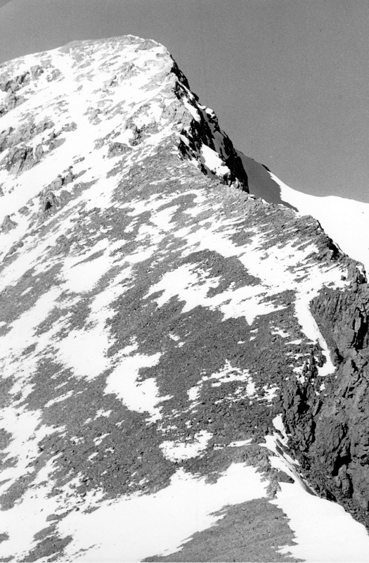 The final climb up Borah viewed from Chicken Out Ridge in 1955. Evilio Echevarria Photo