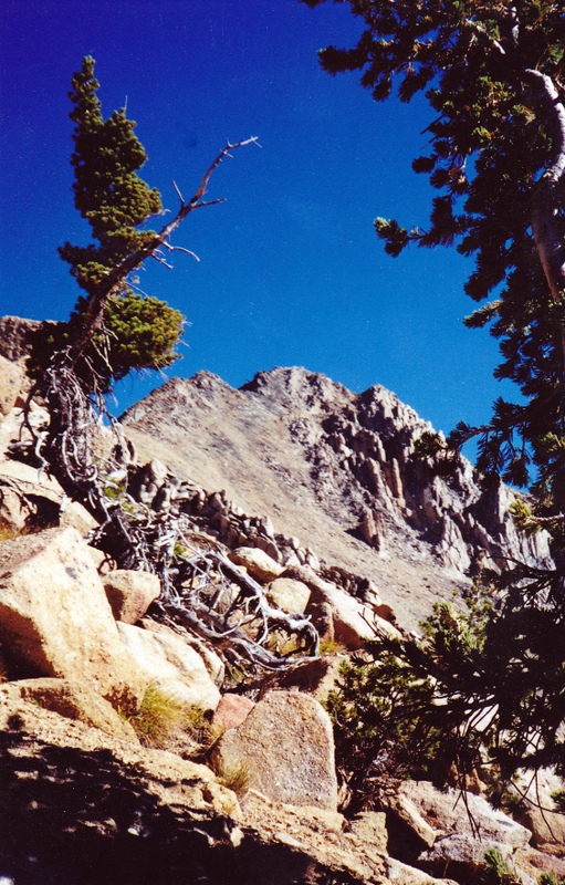 Looking east toward the summit while approaching this granite mountain by its west ridge from upper Warm Springs below Born Lake. Rick Baugher Photo 10-10-1999