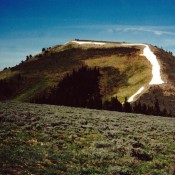 Yet another Idaho peak named Bald Mountain! This one is located in the Pruess Range northeast of Montpelier, Idaho. The view is west from the Home Canyon/Bennington Canyon divide. Rick Baugher Photo 5-30-2001.