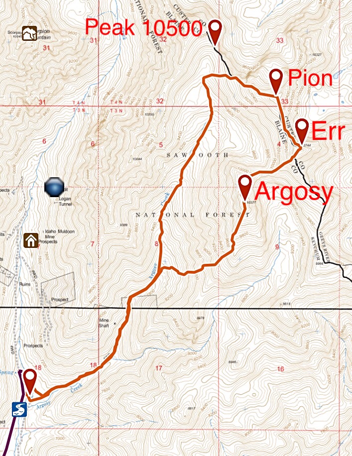 My GPS track for the Argosy Trio. Matt Durrant, Mike Fox and I hiked the loop portion clockwise. We skipped Peak 10500 but it can easily be climbed from the head of Argosy Creek.