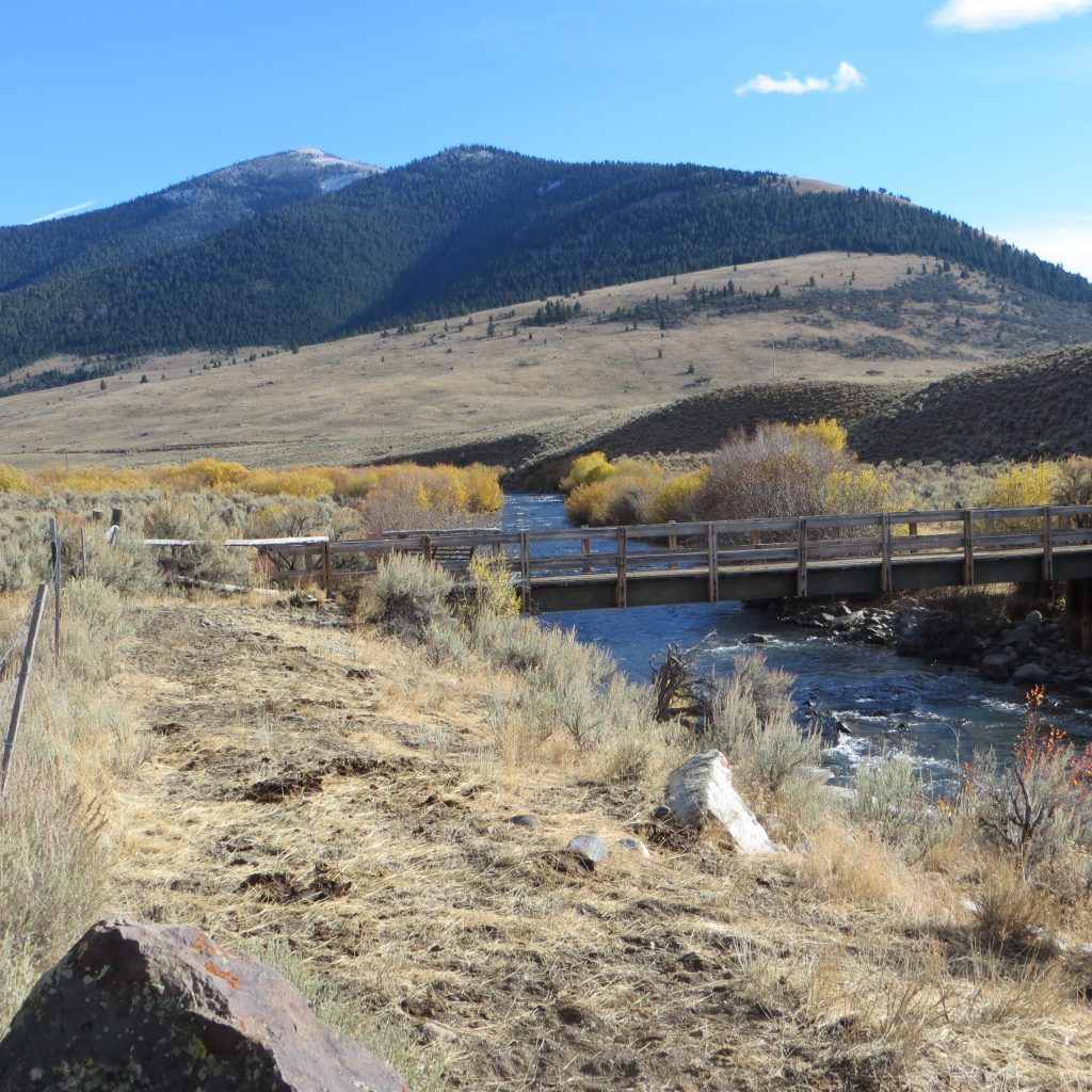 The river crossing. Rosencrance Peak (back left) and West Rosencrance Peak in the background. Steve Mandella photo. 