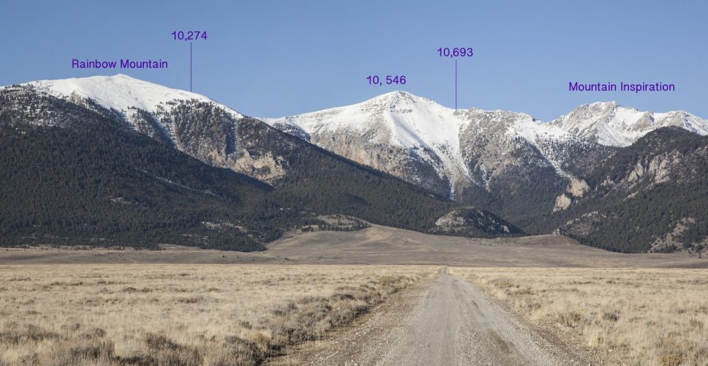 This photo by Larry Prescott shows the the Lemhi peaks running north from Rainbow Mountain to Mount Inspiration. Peak 10693 was named for Larry after his untimely passing near it's summit in 2016. 