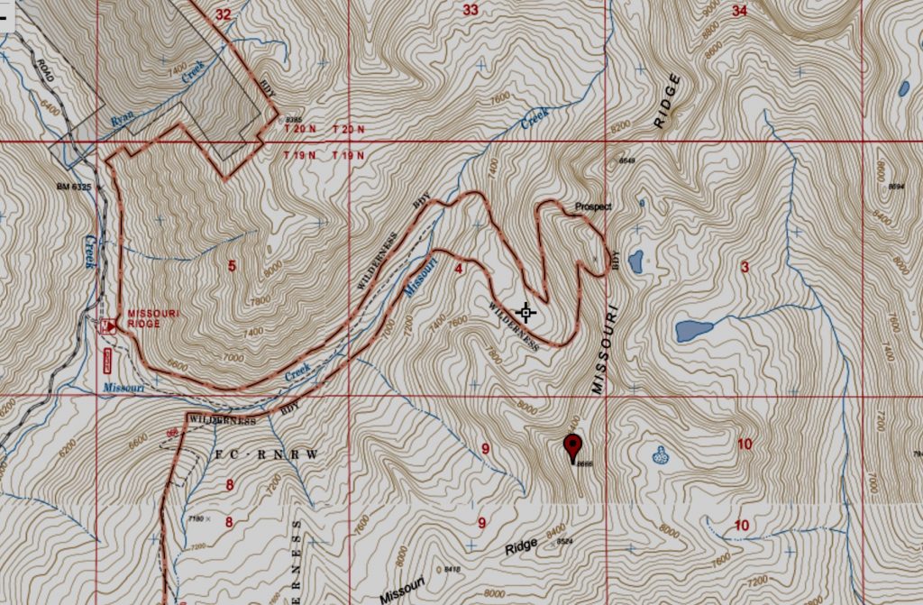 The Forest Service no longer shows the trail from the creek bottom to the ridge as a maintained trail. However, the boundary for the Frank Church River of No Return Wilderness excludes the trail corridor from the wilderness. Thus, this map gives you a good idea of where the trail runs. John Platt reports “We were able to fish a card out of the Pinnacles Peak register from a family that had used the Missouri ridge trail to fish the lakes on the other side. So I think the trail from the cabin is probably okay.”