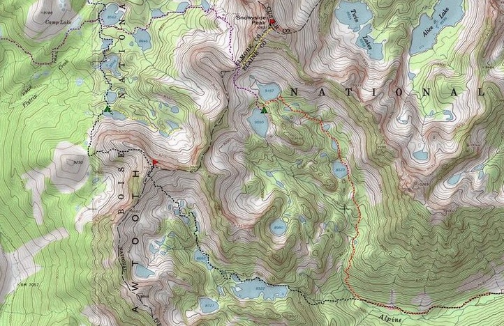 A portion of Dave's map showing his travel route over Alpine Creek Peak. Dave Pahlas Photo 