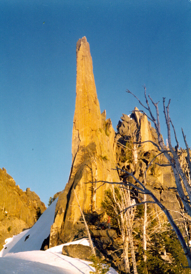 This imposing, if not impossible spire is located just west of Peak 9780. Bob states: "We almost made it to the top of the spire but were turned back by blank rock 15' from the top." Bob Boyles Photo 