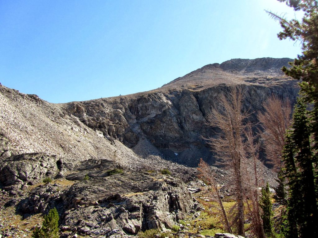 The talus ramp to the ridge and north face of 10805. George Reinier Photo 