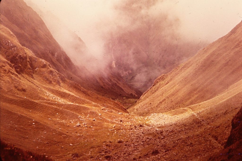 Looking down the line of my ascent to Dead Woman Pass toward Wayllbamba and the Cusichaca River.