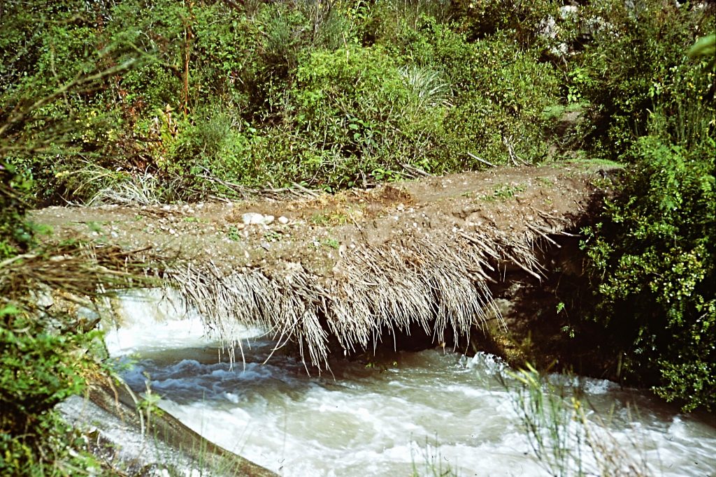 The first bridge over the Cusichaca River. This was the first of two bridges maintained by the valley's farmers. Crossing the Cusichaca would have presented problems without the bridges as water was fast and furious.