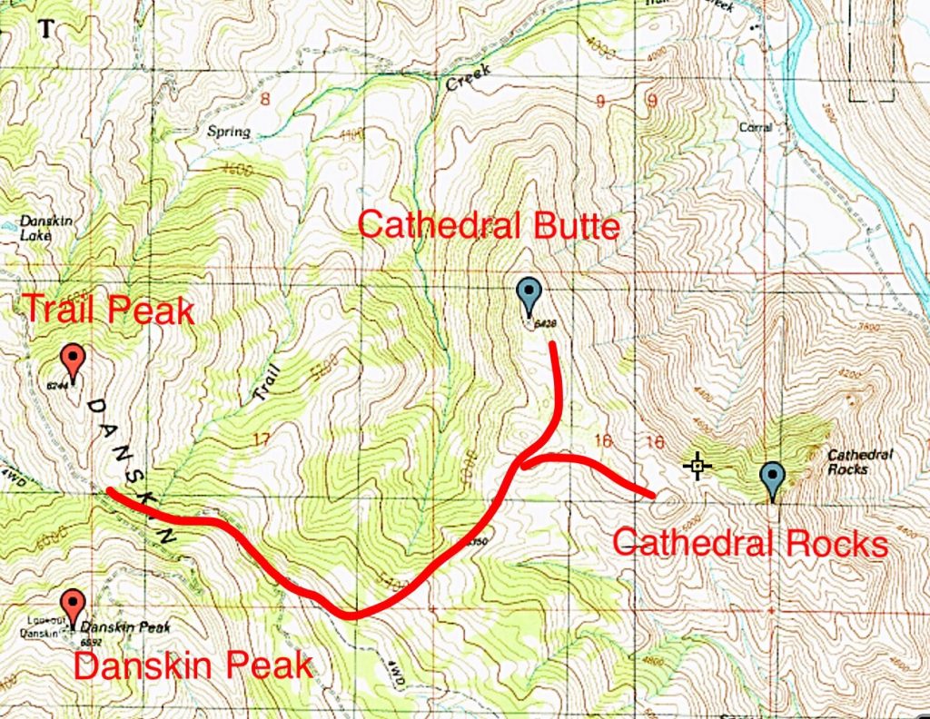 Route from the Danskin Peak Road to Cathedral Rocks.