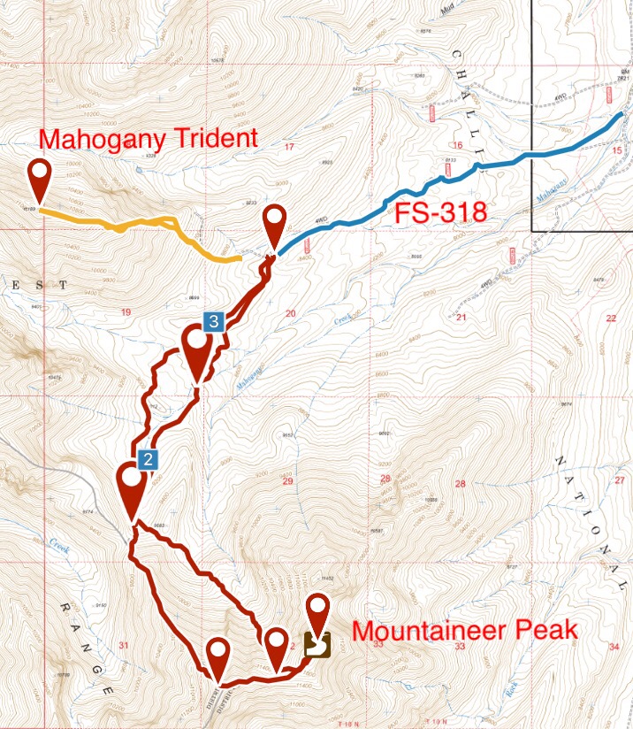 This map shows the access from the Pahsimeroi Road into the upper reaches of Mahogany Creek and routes on Mahogany Trident and Mountaineer Peak.