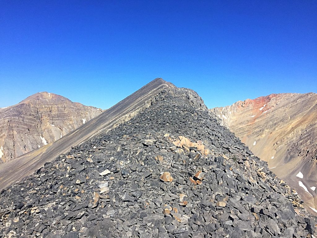 The final distance to the summit is a narrow, almost knife-edge walk with significant exposure on the north side of the ridge.