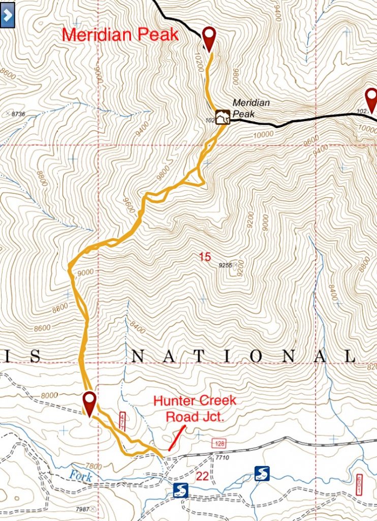 My GPS track to Meridian's summit and back.