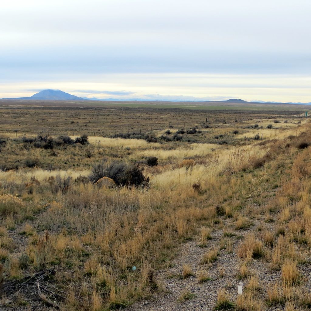 Table Legs Butte (right) and Big Southern Butte (left) from the shoulder of Idaho Highway 26.