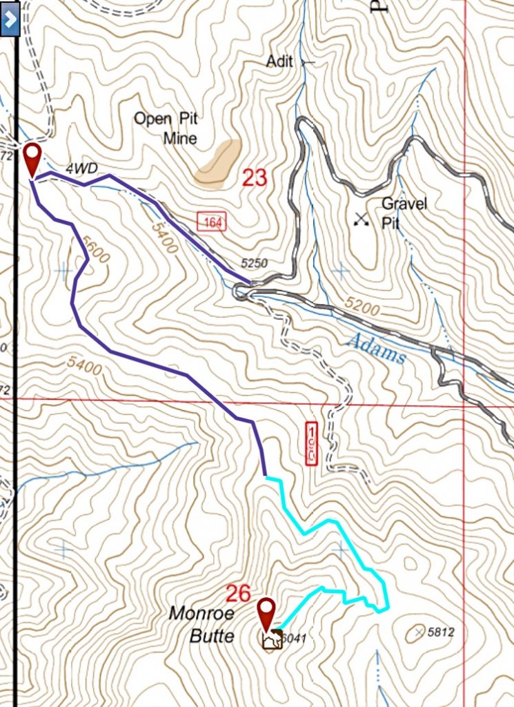 My GPS track for Monroe Butte. The black line is the road approach from FS-025 and the blue line is the hiking route.