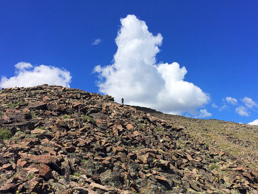 The rocky portion of the ridge does not present any climbing other than loose rock.