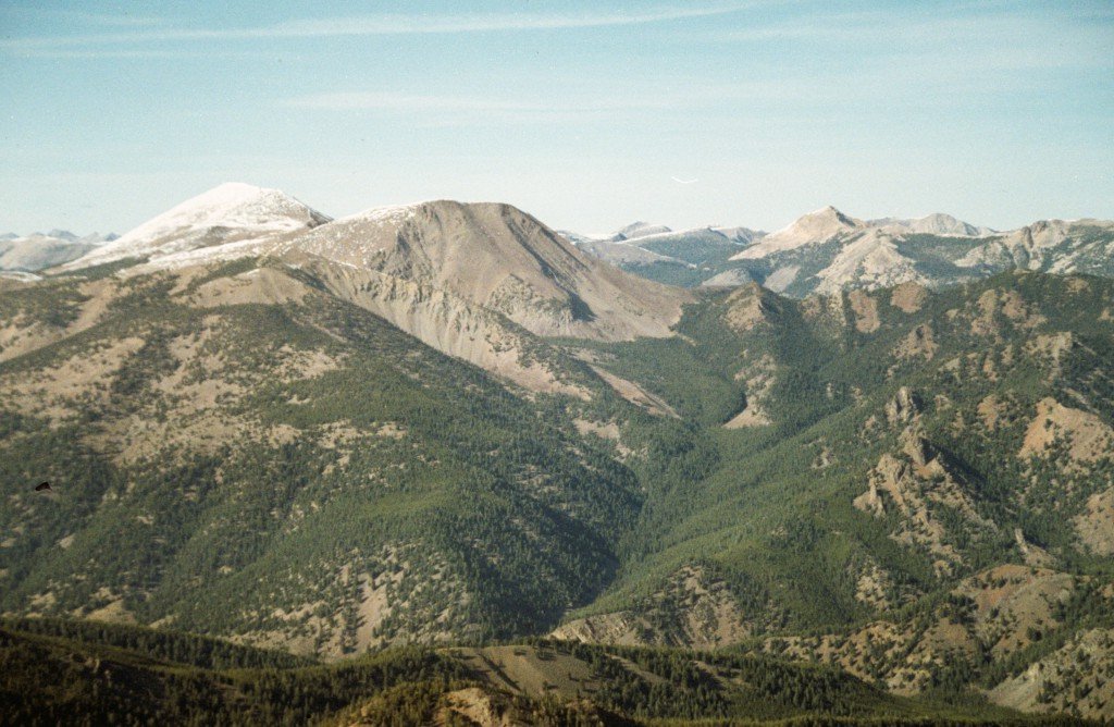 Lemhi Peaks. The view east from Iron Creek Point includes Big Creek (left skyline) and Flat Iron Peak to its right.