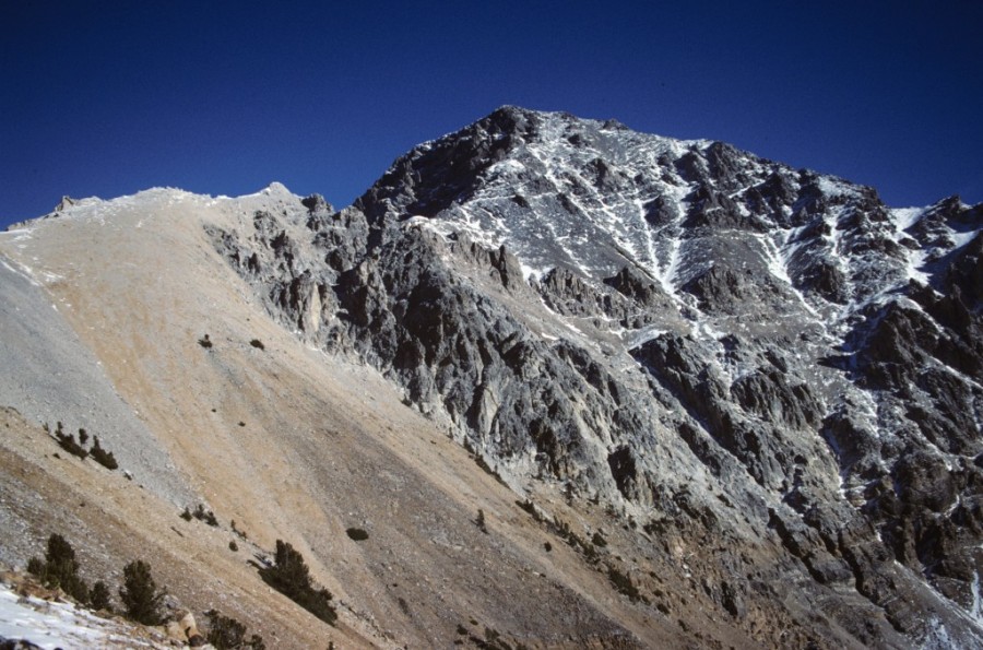 Mount Idaho's standard route climbs to the skyline ridge and follows the ridge until a ledge leads out on to the West Face.