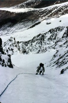 Mike on his front points at the bottom of the main couloir on the North Face of Mount Borah. Photo - Bob Boyles