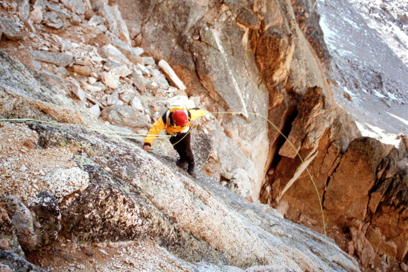 Rappelling down the slabs. This shot gives a feeling for slabs that lead up to the Stur Chimney.