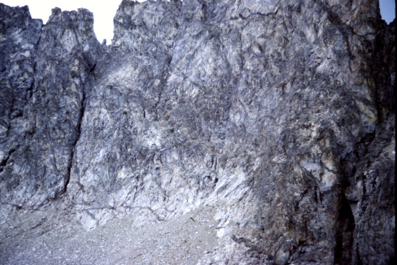 The lower east face of Cabin Creek. The first ascent starts just to the right of the southern most gully on the face.