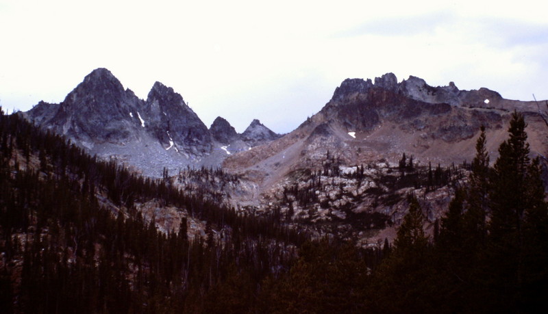 Looking south toward the Crimson Lake Cirque. The Black Towers are on the left and Cabin Creek Peak is on the right.