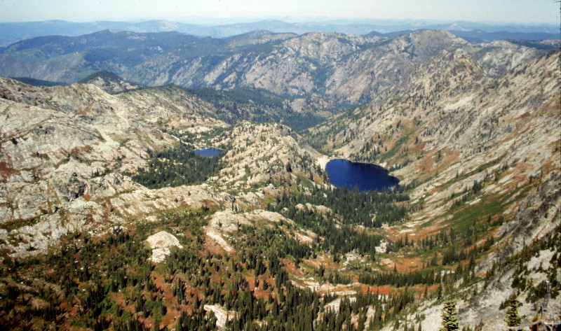 Much of the Selway Crags area was burned years ago, leaving a lot of granite exposed and making the region look higher than it's six to eight thousand foot terrain would lead one to expect. Old Man Lake, Selway Crags.