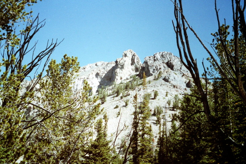 Boulder Peak's south ridge. The towers in the center of the photo are the ones that block progress up the ridge as described in the book.
