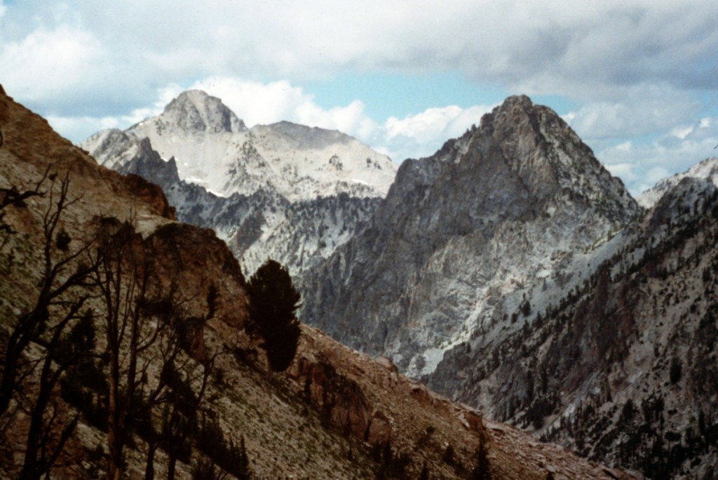 The view from Baron Pass. Baron Peak is on the horizon on the left and Ebert is the big dark peak on the right.