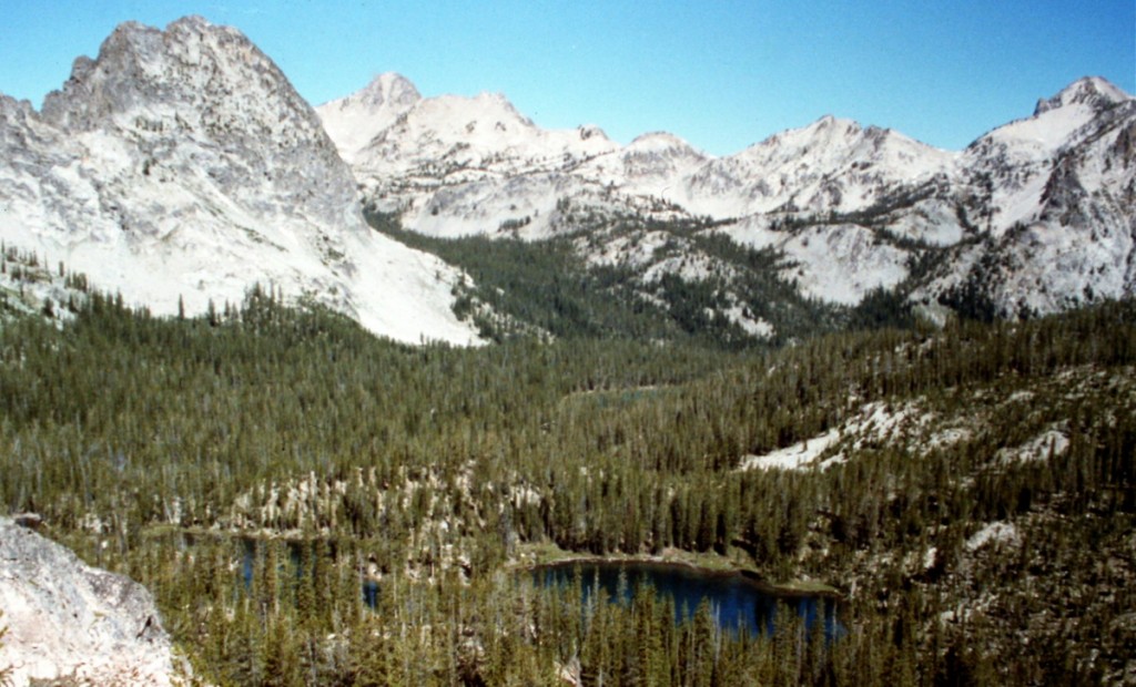 Mount Ebert standing over the Stephens Lakes basin. Baron Peak is to its right on the horizon.