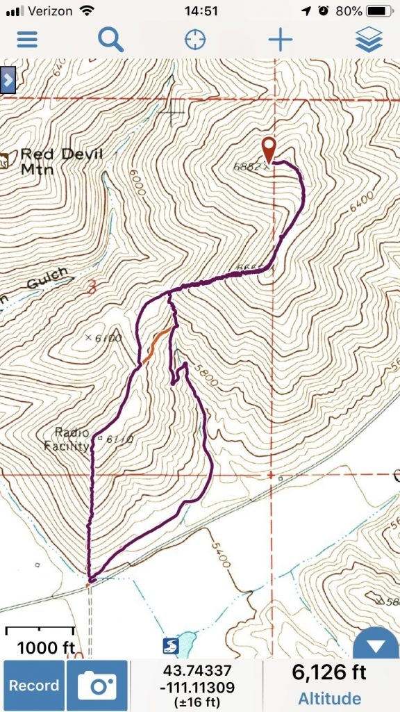 Track for Peak 6852. Orange is a connector to the gully trail. Track - Margo Mandella
