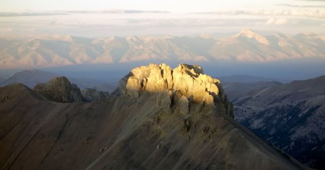 Triple Peak, 11,280, from the last drop to Brietenbach. Beyond is Bell Mountain and as section of the Lemhis.