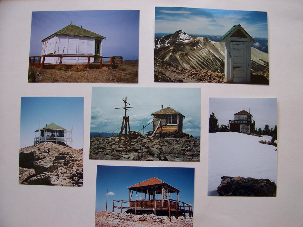 L to R from top: WILDHORSE PEAK el 9546' White Knob Mtns This fire lookout is preserved as a national historic monument. TWIN PEAKS el 10340' Idaho's highest outhouse provides a contemplative view to 10442' White Mountain, range highpoint of the Salmon River Mtns SLEEPING DEER el 9881' in the heart of the Frank Church Wilderness. Built in 1935. Still active. SAL MOUNTAIN el 9593' Lemhi Range This 10'x10' lookout was built in 1926. The USCGS triangulation signal is from 1945. These are the first Idaho mountains to be seen and described by a white man. Cresting Lemhi Pass on Aug 12, 1805, Meriwether Lewis records: "I discovered immence ranges of high mountains still to the west of us with their tops partially covered with snow". BLUE NOSE el 8677' ID/MT An oddity- this lookout was split down the middle by 2 states, counties, National Forest ranger districts & regions. The lower floor acomodated livestock. The brass benchmark in foreground was set by USGS' TM Bannon in 1912. MOUNT GREYLOCK el 9857' Left to the elements. By Rick Baugher, 4/24/07 