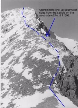 The route from the snow bridge to the summit. 