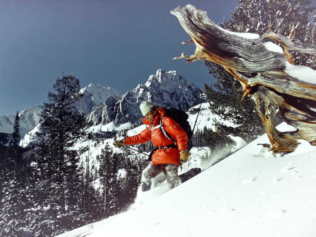 Joe Leonard skiing below Castle Peak in 1972. A photo taken by a National Geographic photographer. Joe Leonard Collection 