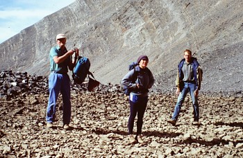 Gary Quigley, Dana Hanson and David Nielsen at the tarn below Mountain Church back when there was no climbers track l, 1987.