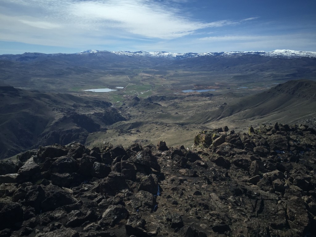 The view from the summit looking in to the Reynolds Creek drainage with the Silver City range on the skyline.