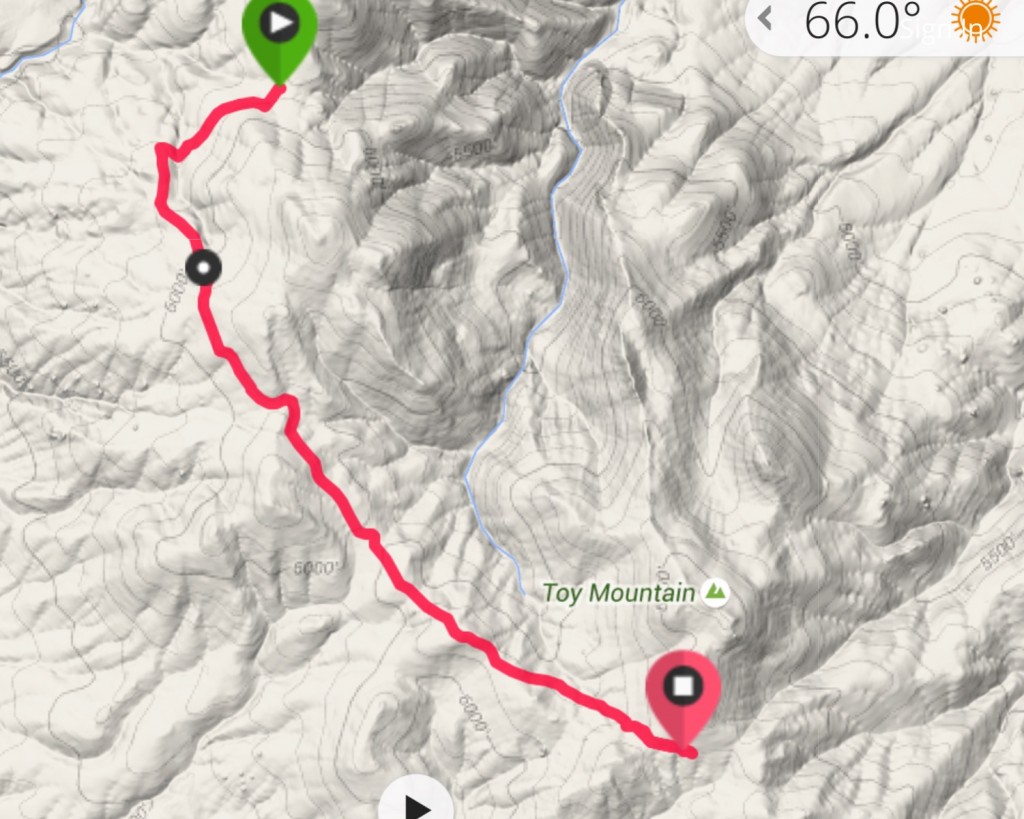 This shows my GPS track for the approach road from the base of Peak 6302 to the south side of Toy Mountain. The road has several steep, rocky pitches that necessitate a 4WD but otherwise is relatively tame.