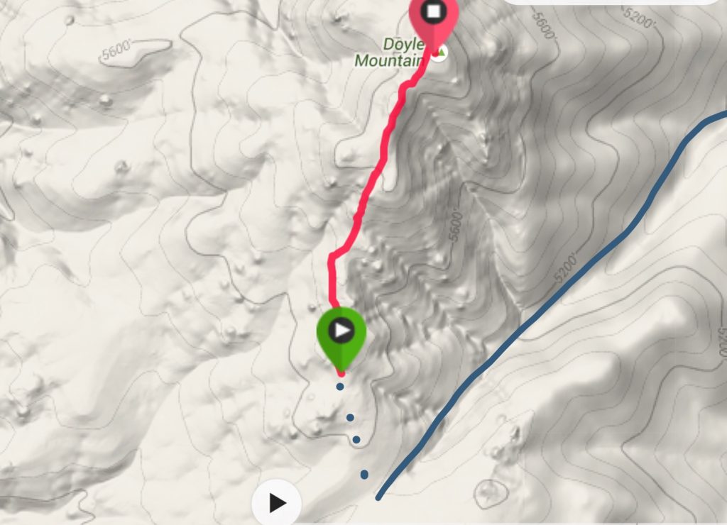 My GPS track. From the end of the 4WD road (blue dashes) it was 1.3 miles and 675 feet of elevation gain to the summit. The blue line is the access road.