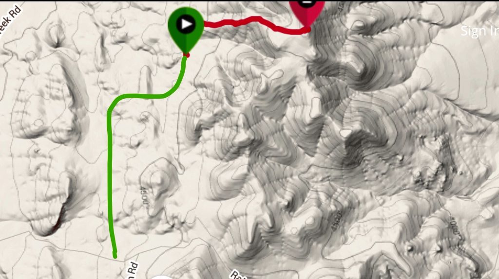 My GPS track in red and the approximate route of The approach road in green. 