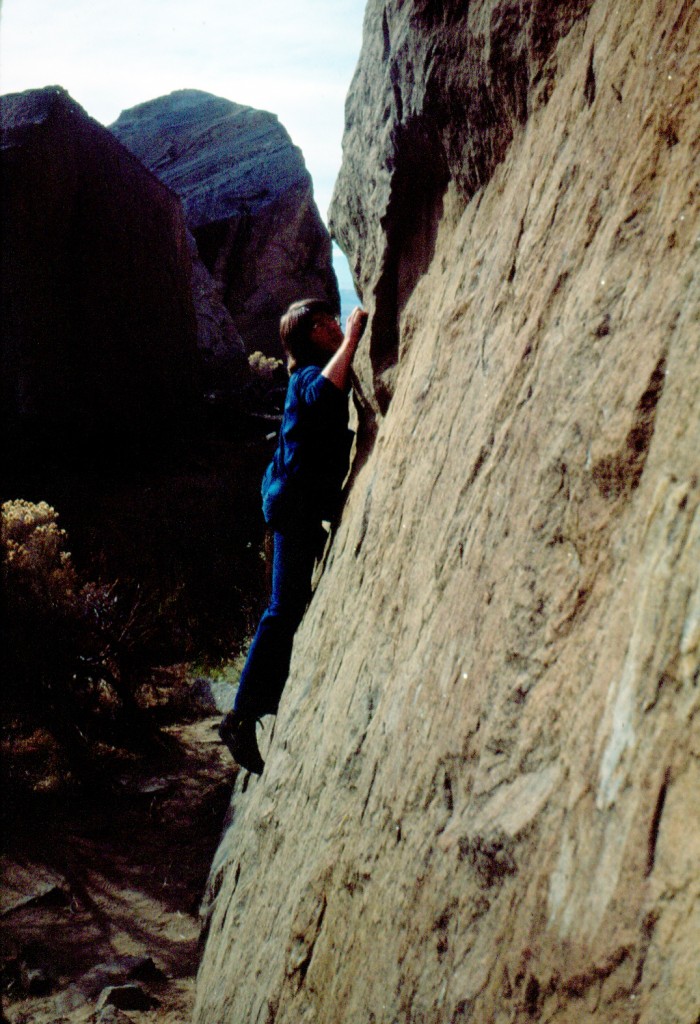 Bob working a classic mid-cliff slab in blue jeans and Fabiano Directisma “blue boots” as we called them. They were totally rigid from heel to toe making them terrible for walking, but they worked perfectly on the tiny nicks and chips in the quarried rock. Mike Weber Photo 