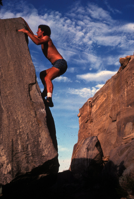 A young John Platt working the sharp edge of a classic mid-cliff Tablerock boulder. Tom Lopez