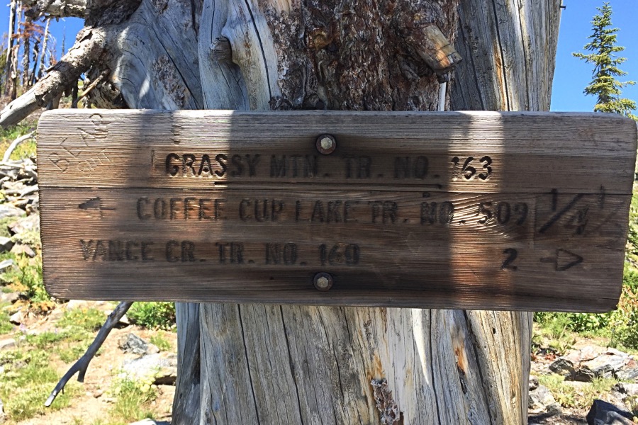 The crest of the Grass Mountains is reached via a good trail. This sign was found at the pass in 2016. Point 8048 is uphill behind the sign.