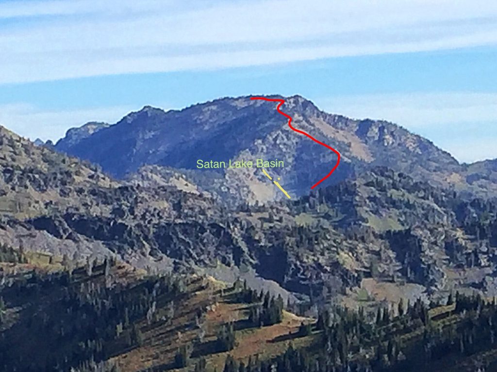 The route we followed in red climbing out of he Satan Lake basin.