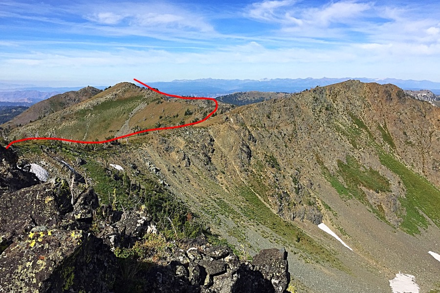 Looking back from the summit on our route to Echols BM. The point on the right side of this photo appears to be higher. On our return we visited it. Our GPS receivers showed the same height. 