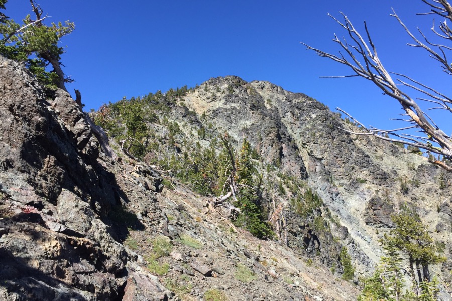 Looking up the east, ridge toward the twin tower summit block.