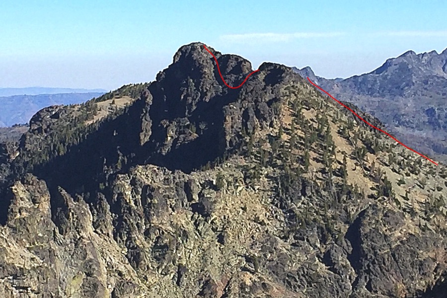 Monument Peak viewed from the south. Our route is in red.